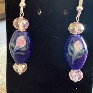 Hand Crafted Blue and Pink Floral Earrings